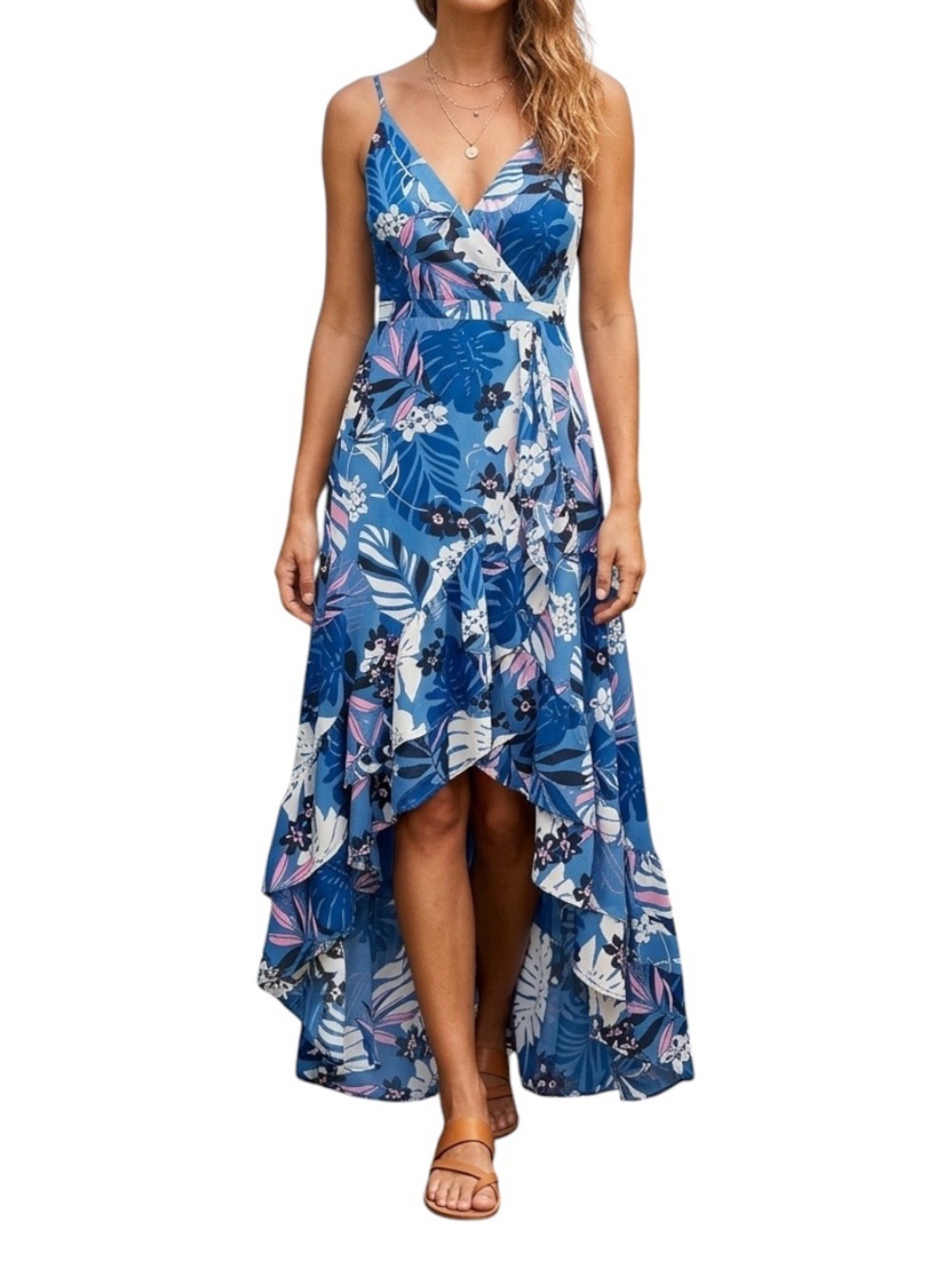 Lulus Women’s Size S Neck V Strap Faux Wrap Maxi Dress Blue Tropical Printed